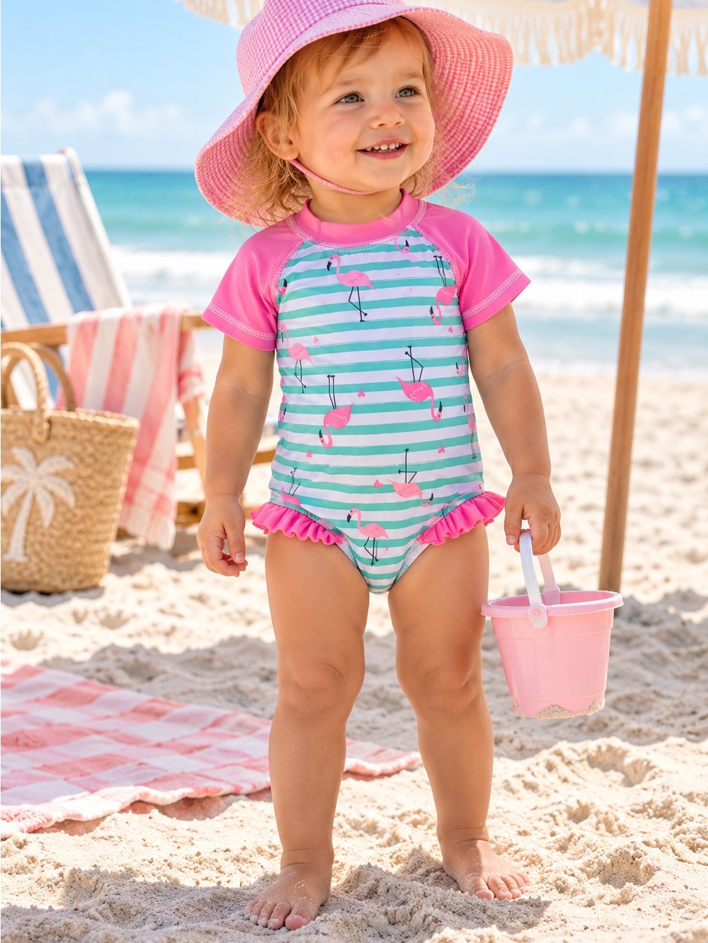 Wippette Pink & Aqua Flamingo Stripe One-Piece Swimsuit